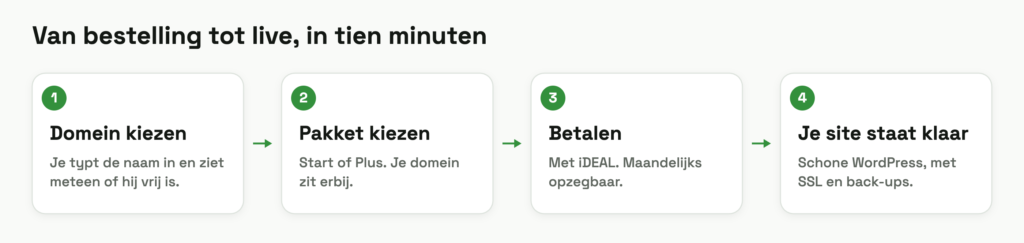 Schema: een WordPress website bestellen in vier stappen — domein kiezen, pakket kiezen, betalen, je site staat klaar